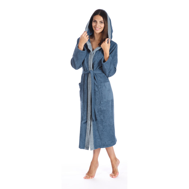 Benny Cotton Girl / Woman+ Mid-Calf Bathrobe with Pockets and Hood, 120cm L x 100cm W, Blue Rock