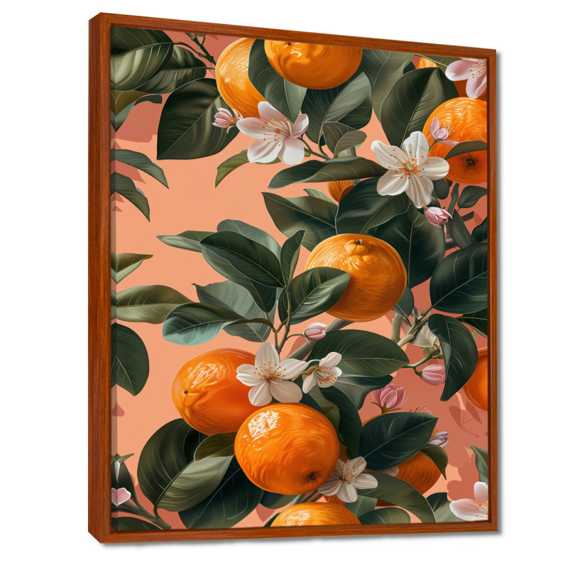 Décoration murale orange orange et arbres verts II - fruits, H 30 po x l 40 po, Cadre flottant brun