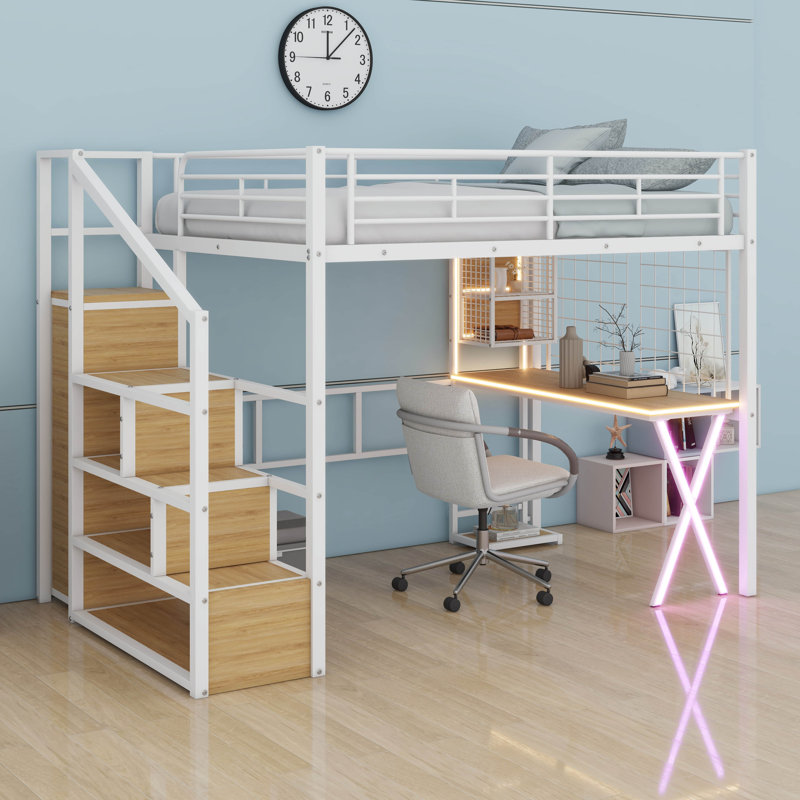 Lit mezzanine double avec bureau et escalier de rangement, lit mezzanine en métal avec éclairage DEL, lit mezzanine haut avec garde-robe et tablettes