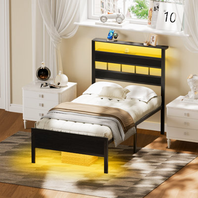 Twin Bed Frame with 2-Tier Shelves, Modern Platform Bed with Charging Station & LED Light, No Spring Box Needed