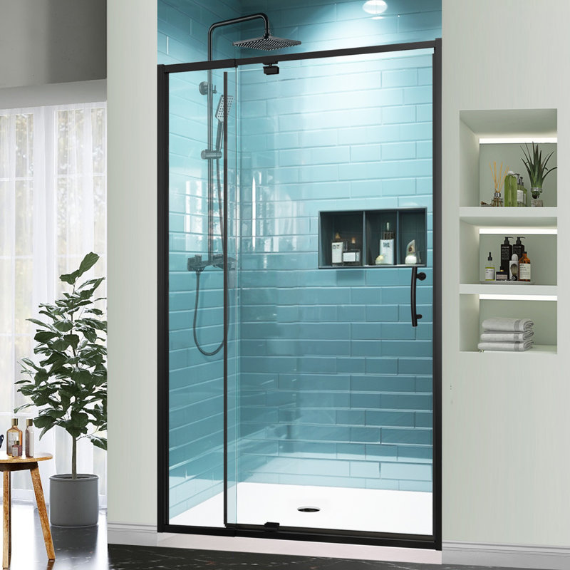 48 in. Matte Black Semi-Frameless Pivot Shower Door with Clear Glass