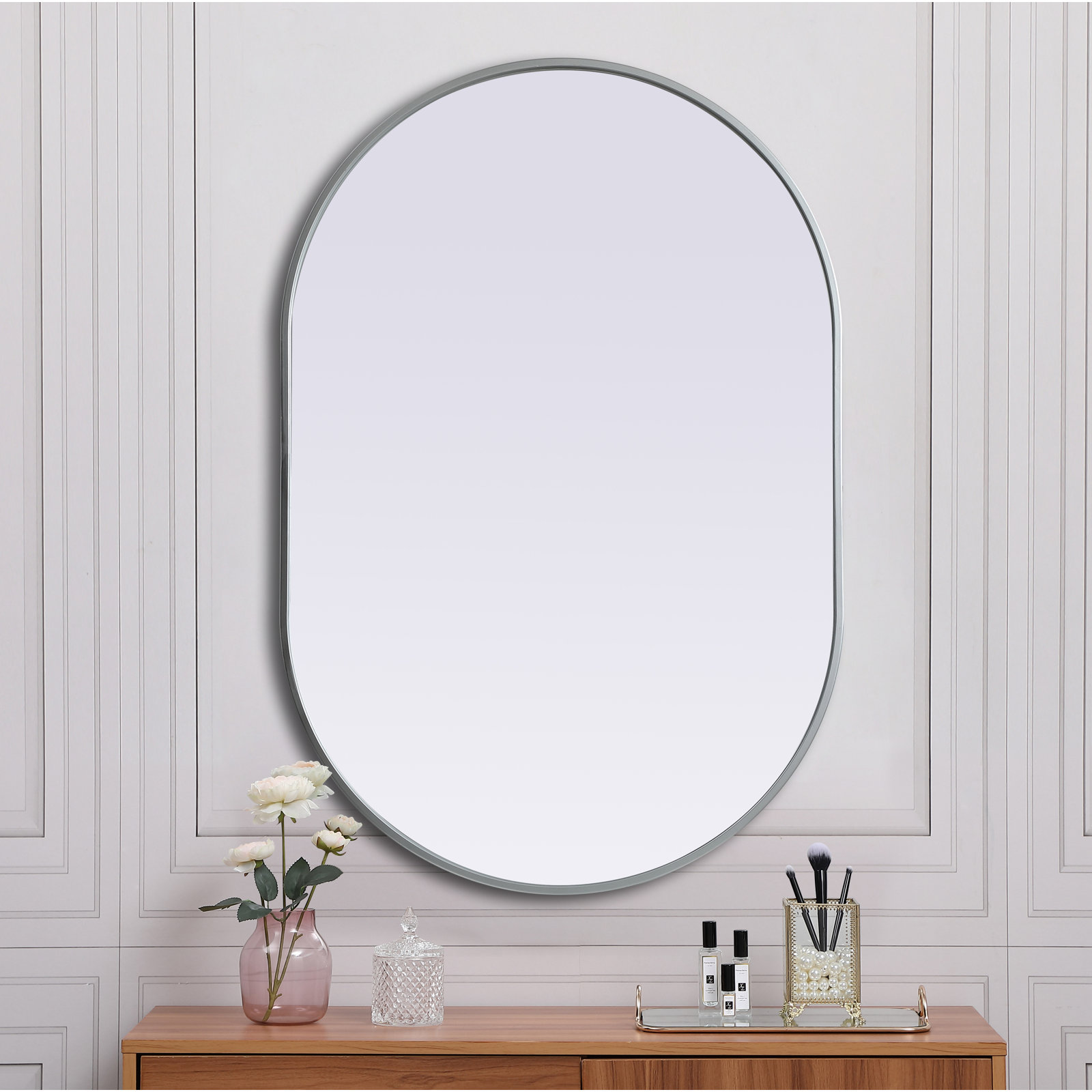 Sabine Metal Pill Wall Mirror, Silver, 40" x 27"