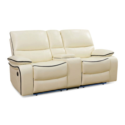 Causeuse inclinable manuelle avec lumières à DEL, canapé inclinable en similicuir 2 places avec console de rangement et porte-gobelets pour le salon, beige