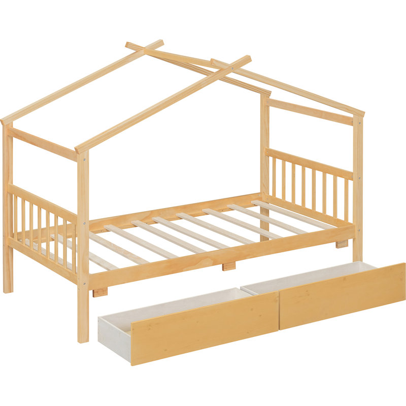 Lit simple en bois avec tiroirs, couleur naturelle, structure solide, rangement spacieux pour les livres de papeterie, Twin