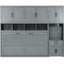 Lit simple mural gris avec placard, tiroirs et bureau - fonctionnel et élégant pour les petits espaces
