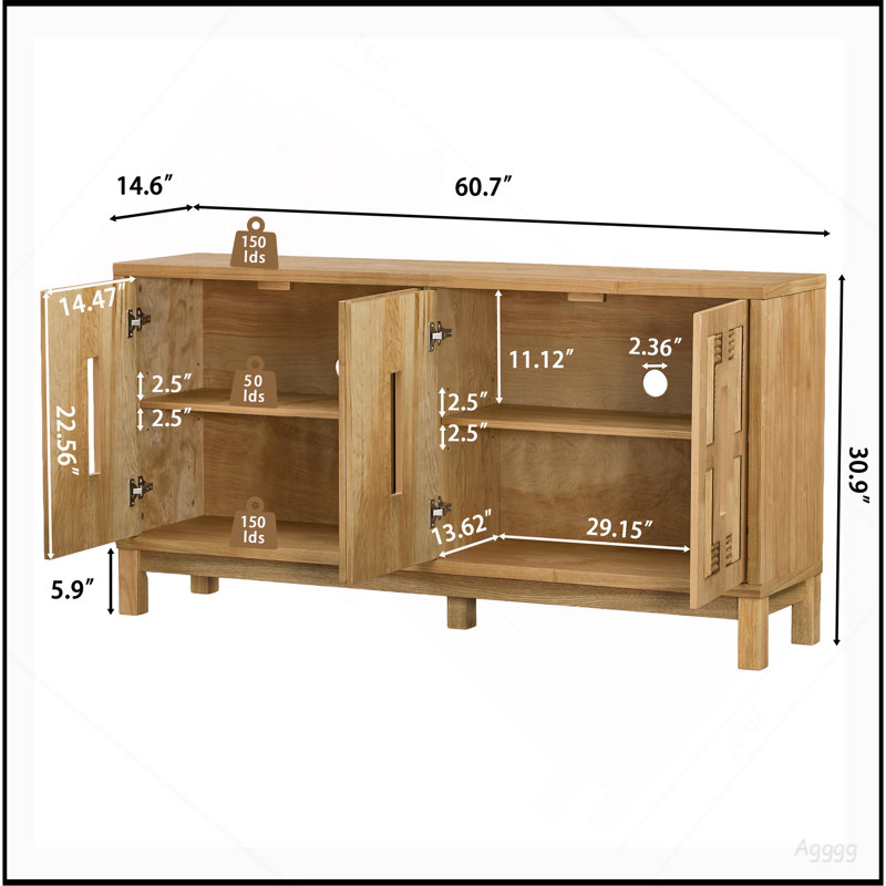 Buffet 60,7 po Mid Century Modern, Bois naturel, Bois naturel, Bois naturel
