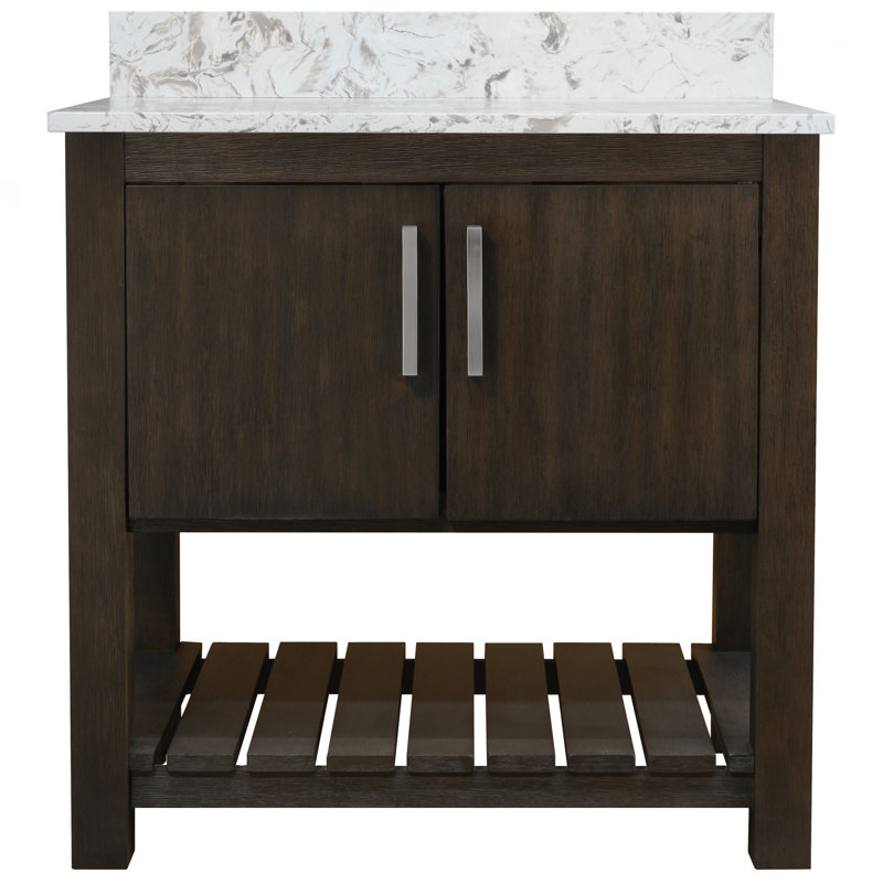 Meuble-lavabo de 30 po avec comptoir en quartz café, quincaillerie en nickel brossé et miroir, Nickel brossé, Café moka