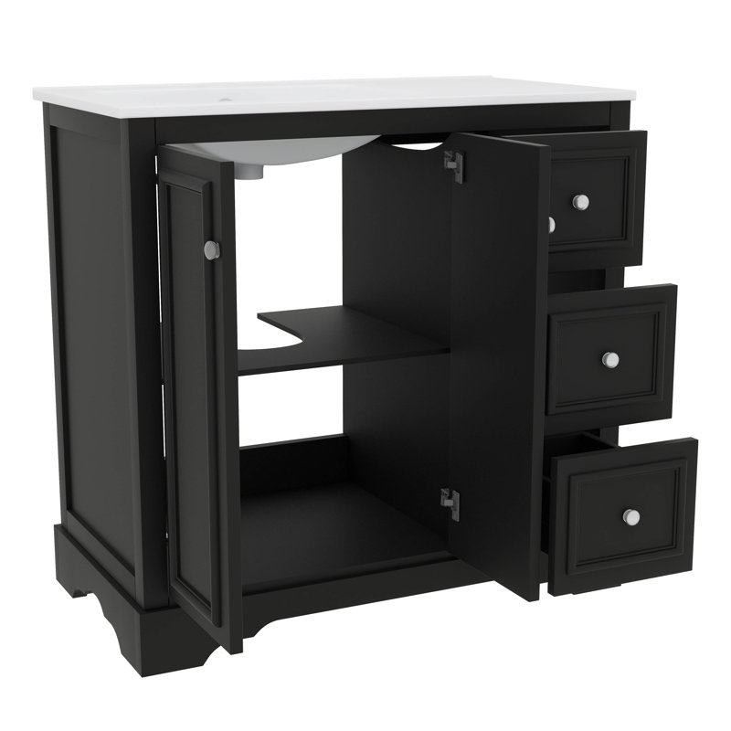 36 Inch Stand Alone Bathroom Vanity With Ceramic Sink 3 Drawers 2 Doors And Adjustable Shelf, Black