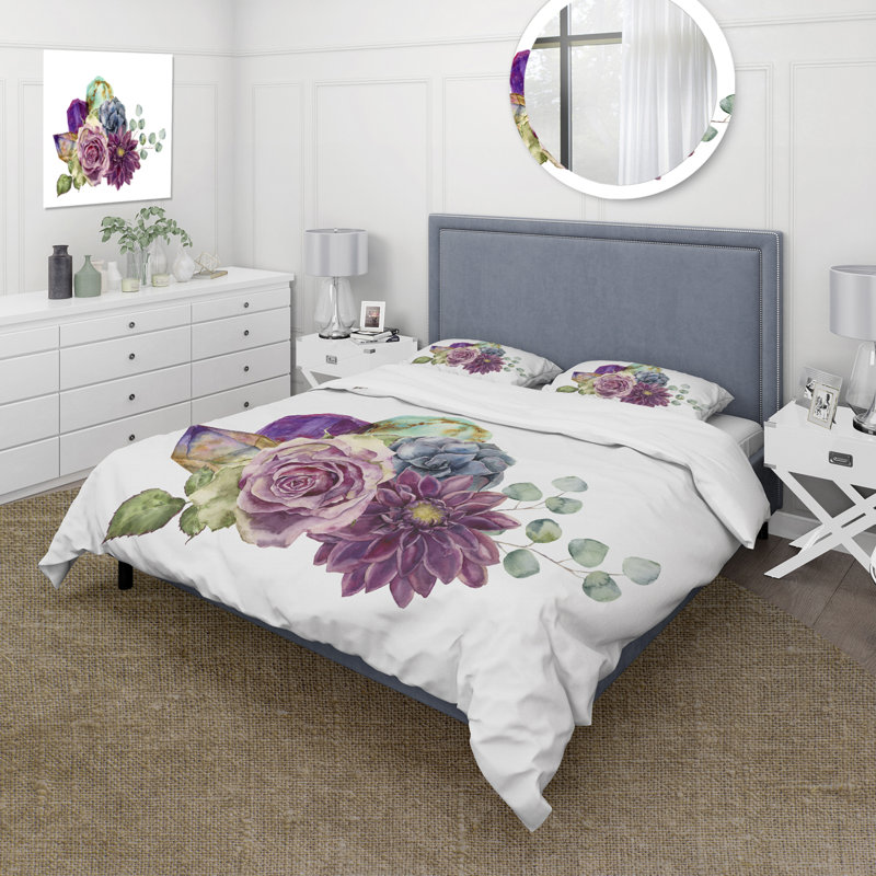 Bouquet de fleurs avec plantes grasses Eucalyptus - Ensemble de housse de couette traditionnel - Microfibre de polyester