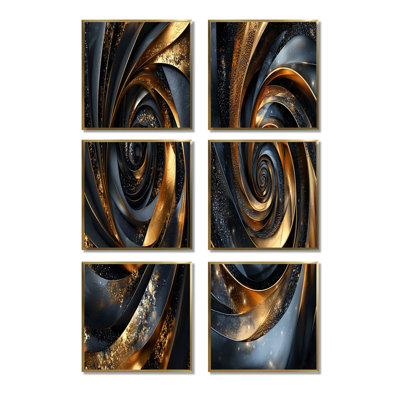 Spirales abstraites dans des tons dorés et noirs - Ensemble de 6 reproductions d'art sur toile