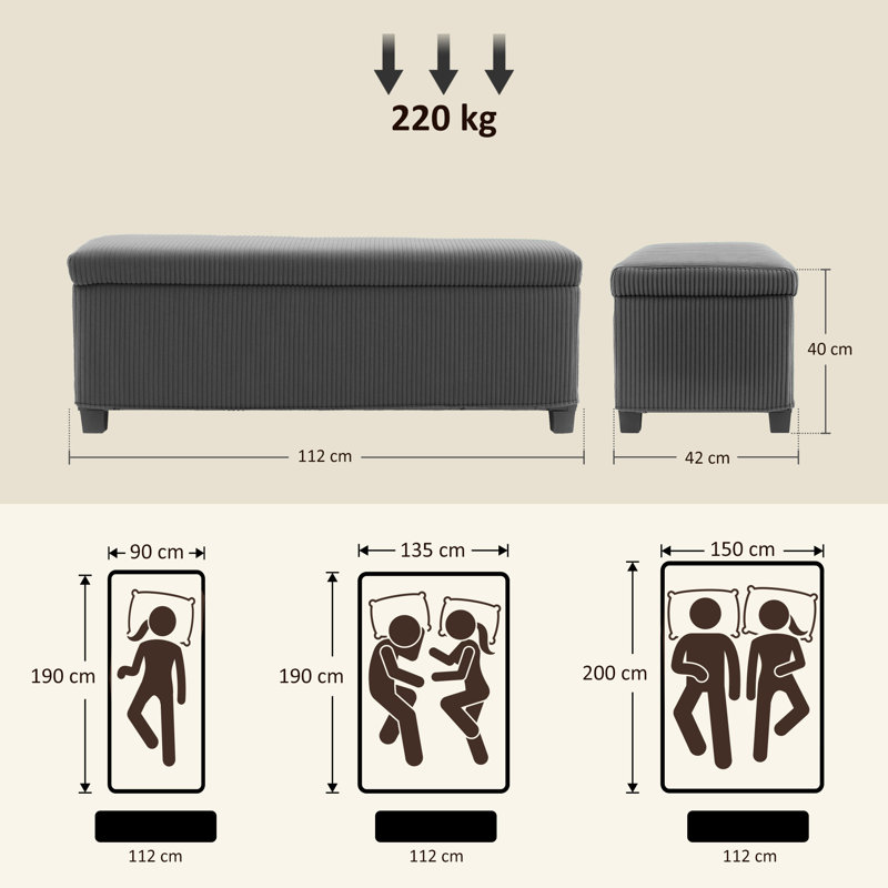 HOMCOM Storage Ottoman Bench Box Corduroy Wooden, Grey, 40cm H x 112cm W x 42cm D 