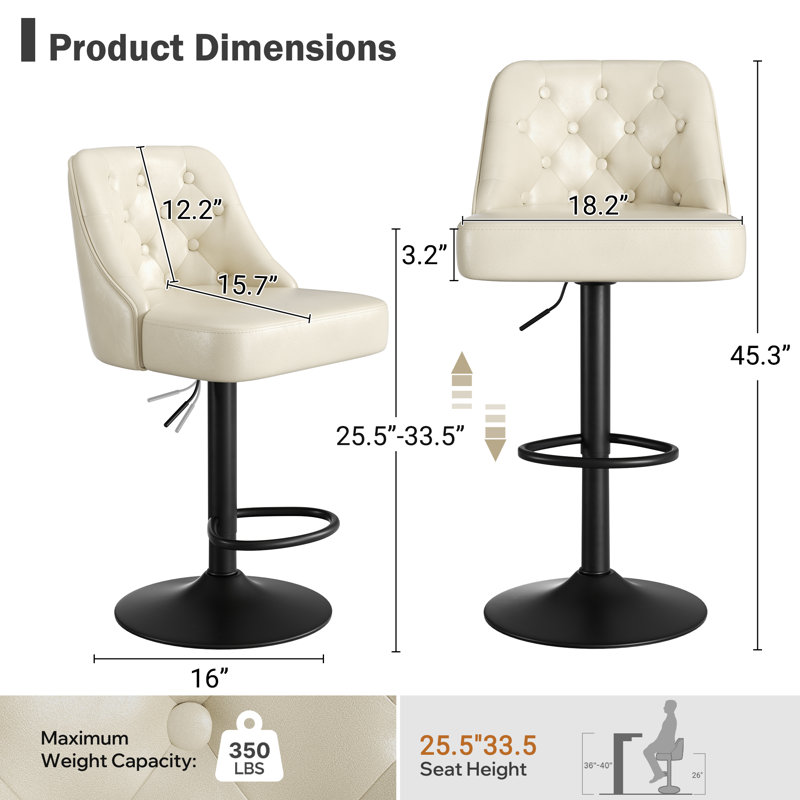 360-Degree Rotatable Faux Leather Bar Stool With Button Stitching, Beige, 6