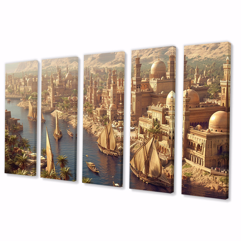 Voile sur le Nil en Égypte antique - Égypte, art mural 5 pièces, H 32 po x l 80 po