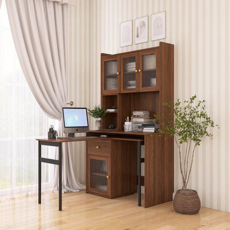 90° Rotating Home Office Desk With Glass Door & Hutch, Walnut