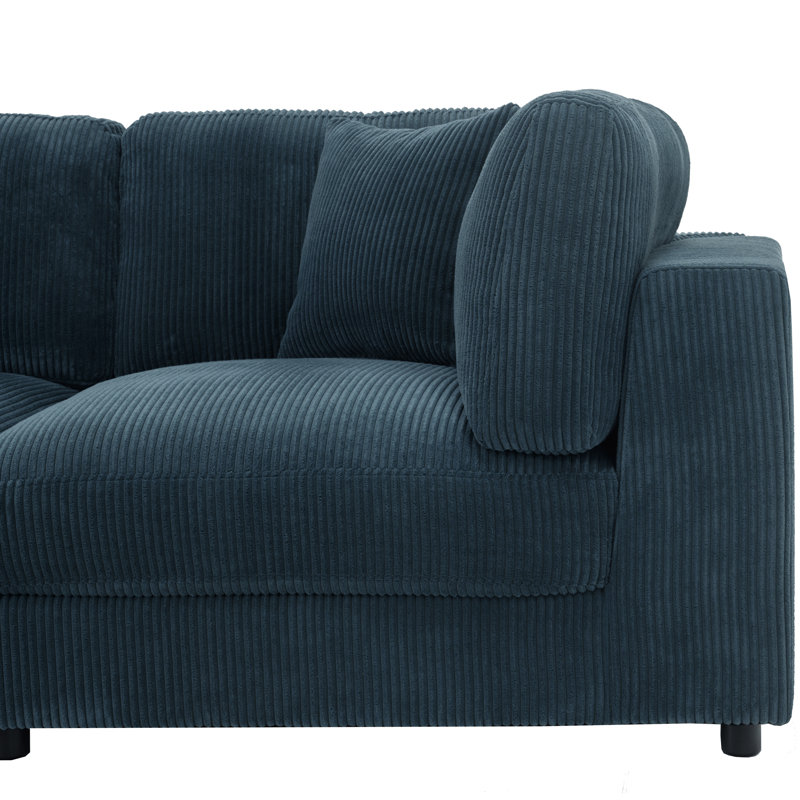 Canapé d'angle modulaire en velours côtelé bleu foncé, 144 po L x 72 po P x 33 po H. Aménagement personnalisable.