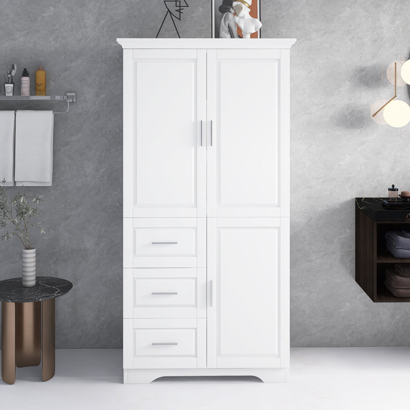 Armoire de rangement haute et large avec portes et tiroirs pour la salle de bain, le bureau et le salon, Blanc
