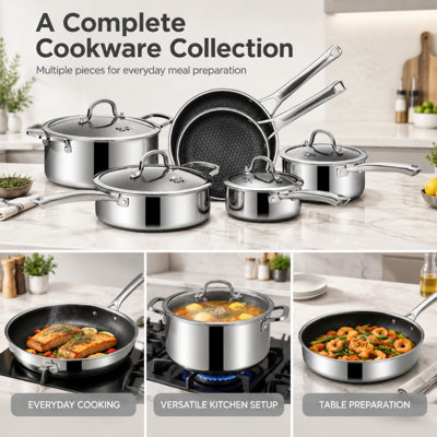 Batterie de cuisine hybride en acier inoxydable antiadhésif, casseroles et poêles sans PFOA 10 pièces, ustensiles de cuisine à induction avec poêle à frire, casserole, poêle à sauter et marmite pour la cuisine maison
