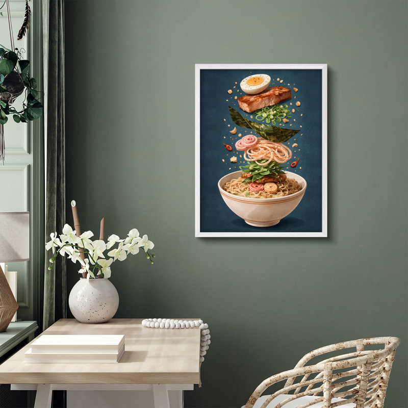 Floating Ramen Ingredients Illustration Framed Wall Art Prints - Modern Kitchen Decor, Blanc, H 16 po x l 12 po