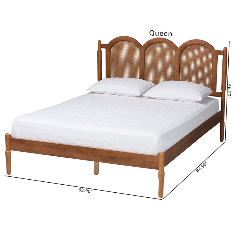 Walnut Brown Wood Queen Platform Bed with Woven Rattan Headboard