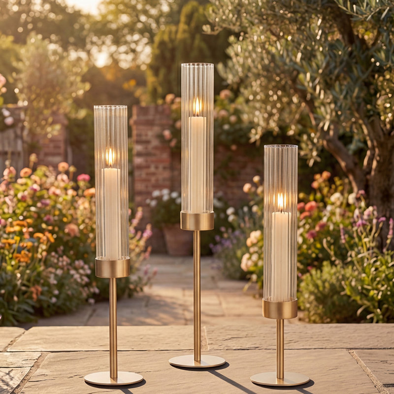 3 Piece Metal,Crystal，Glass Tabletop Hurricane Set