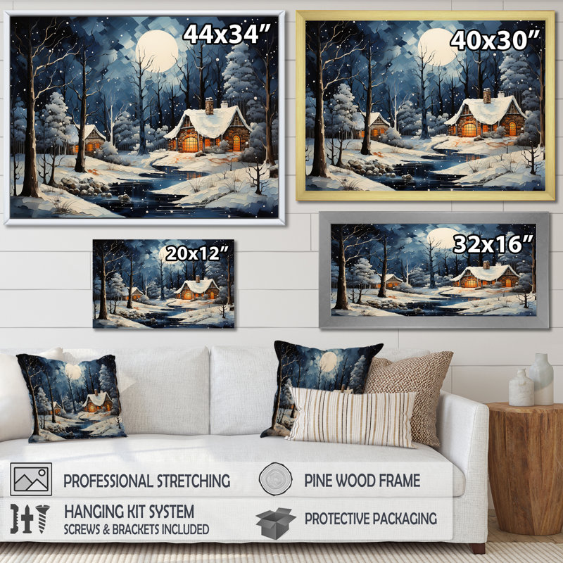 Paysage d'hiver de Noël II - Art mural paysage d'hiver pour le salon, Cadre d'angle fermé noir, H 30 po x l 40 po x P 1,5 po
