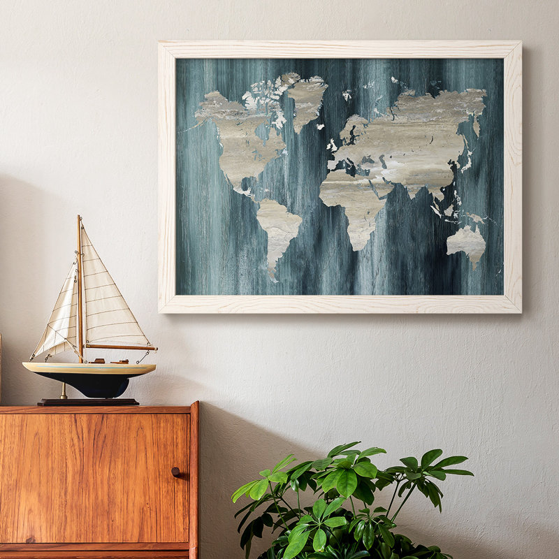 Carte du monde marine - toile tendue avec cadre rustique, Blanc, H 14 po x l 20 po x P 1,5 po