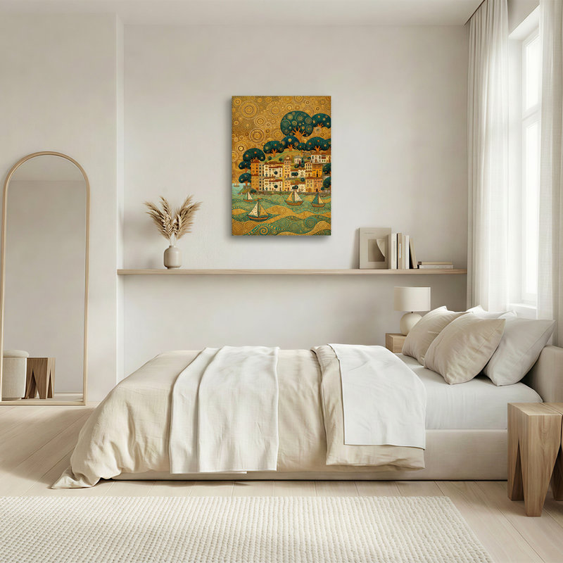 Tableau sur toile représentant un village à flanc de colline en spirale dorée avec des voiliers, H 24 po x l 16 po