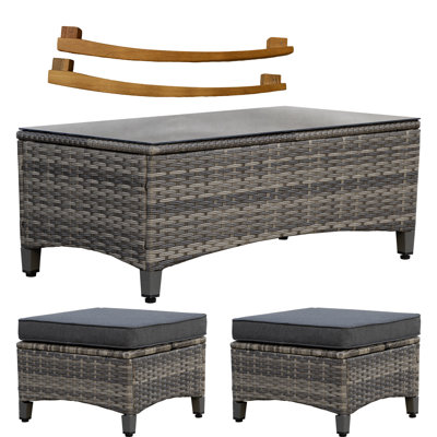 Patio Rattan Coffee Table with Ottomans