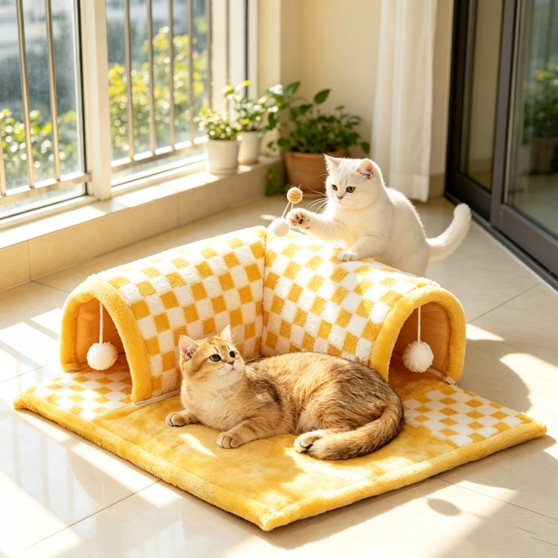 Grand tunnel de jeu pliable en peluche douce en forme de L pour chat, 72 x 64 cm, motif à carreaux, avec balle suspendue, cachette 2 en 1 pour jouer et se reposer, idéale pour les chats d'intérieur.