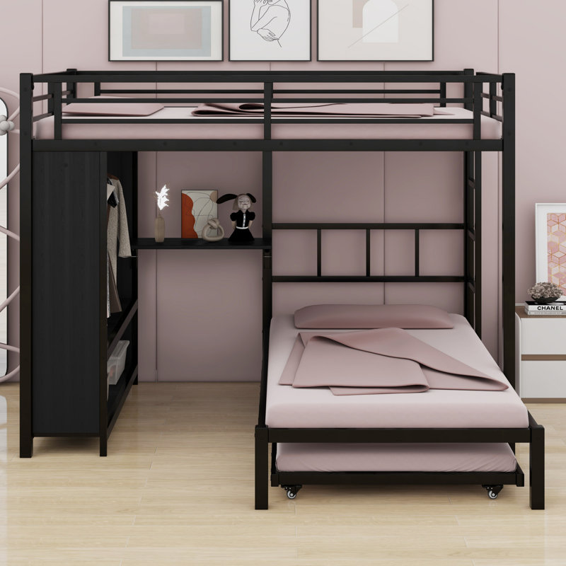 Lit superposé en métal avec garde-robe, lit gigogne, bureau pliable, échelles, Double sur simple