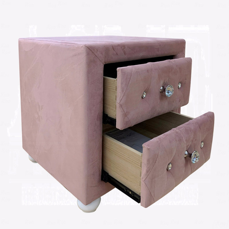 Magnifique table de chevet rembourrée en tissu rose avec deux tiroirs de rangement, Rose