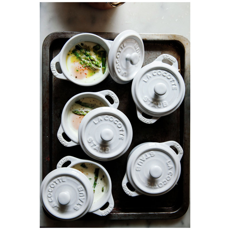 STAUB Ceramic 3-Pc Mini Round Cocotte Set With Tray, White
