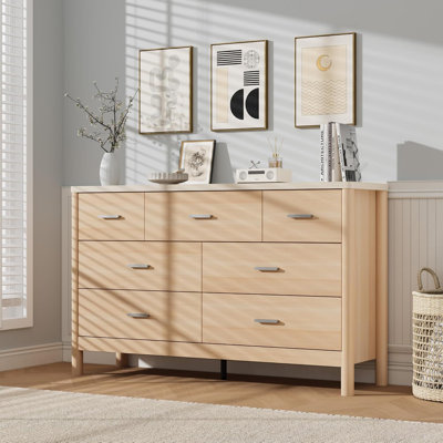 Commode 7 tiroirs 53,15 po, commode de style campagnard avec pieds cylindriques, glissières à roulement à billes, beige / chêne