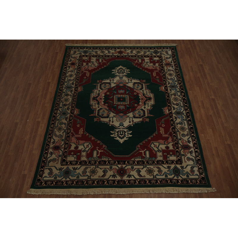 Élégance chinoise: tapis médaillon vert foncé et rouge 9 x 11