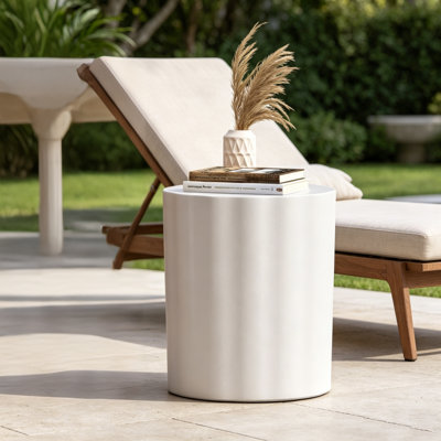 Modern Fluted Lightweight Concrete Outdoor Side Table, 15.5" W Antique White Round Patio Accent Table