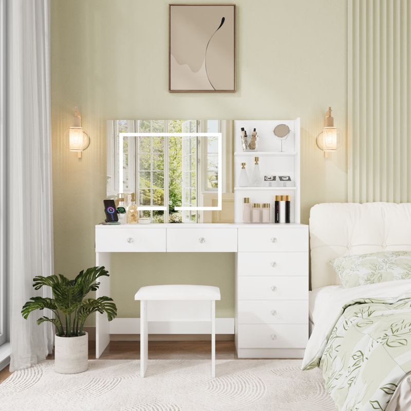 Ensemble de coiffeuse avec plateau en verre et miroir lumineux, Blanc