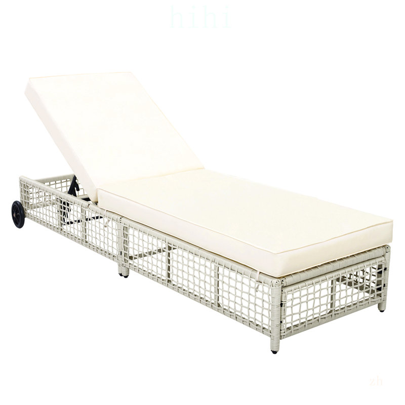 Chaise longue d'extérieur en rotin avec dossier à 5 positions, roues et coussin pour patio, piscine, jardin