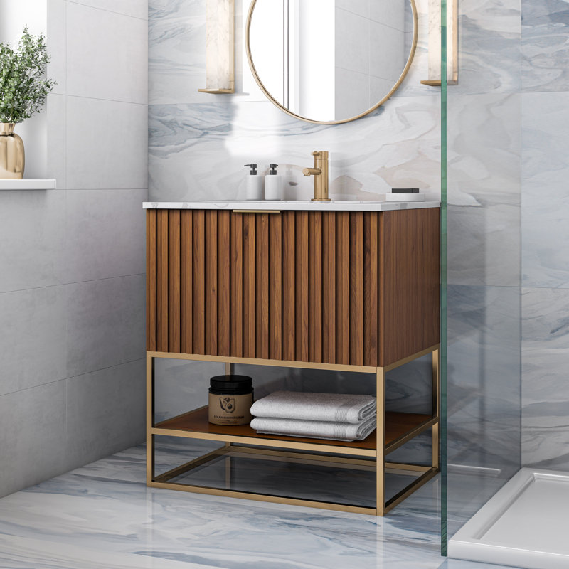 Terra 30'' W Single Vanity, Walnut, Carrara Marble/Single Faucet Mount, Satin Brass