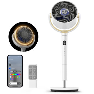 Ventilateur intelligent pour la chambre à coucher, ventilateurs oscillants omnidirectionnels 120 ° + 120 °, ventilateur piédestal silencieux de 100 pi avec lumière RVB, 9 vitesses, 6 modes, 20 dB, minuterie 8H, Wi-Fi / voix / Alexa, ventilateurs de sol de 37 à 42 po avec Télécommande