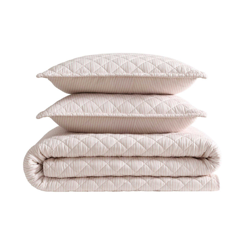 Laura Ashley Tessas Ticking Stripe Cotton Red Quilt Set, Twin Quilt + 1 Standard Sham