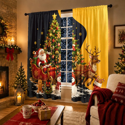 2Pcs Christmas Santa Sleigh Reindeer Snowman Curtains, Festive Winter Holiday Themed Light Filtering Rod Pocket Window Drapes for Living Room Bedroom Kitchen Home Decor
