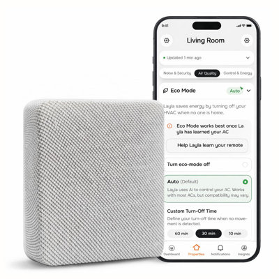 Layla Eco Smart Sensor For Air Quality Monitor, Ac Control Co, Wifi Quality, Energy Savings Monitoring | Ideal For Airbnb, Homes & Offices | Tracks Temp, Humidity, Smoke, Noise & More