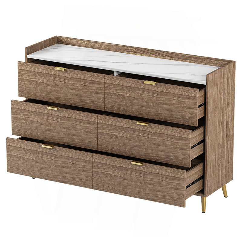 Commode 6 tiroirs avec plan de travail en marbre et pieds en métal pour le rangement de la chambre à coucher, Noyer