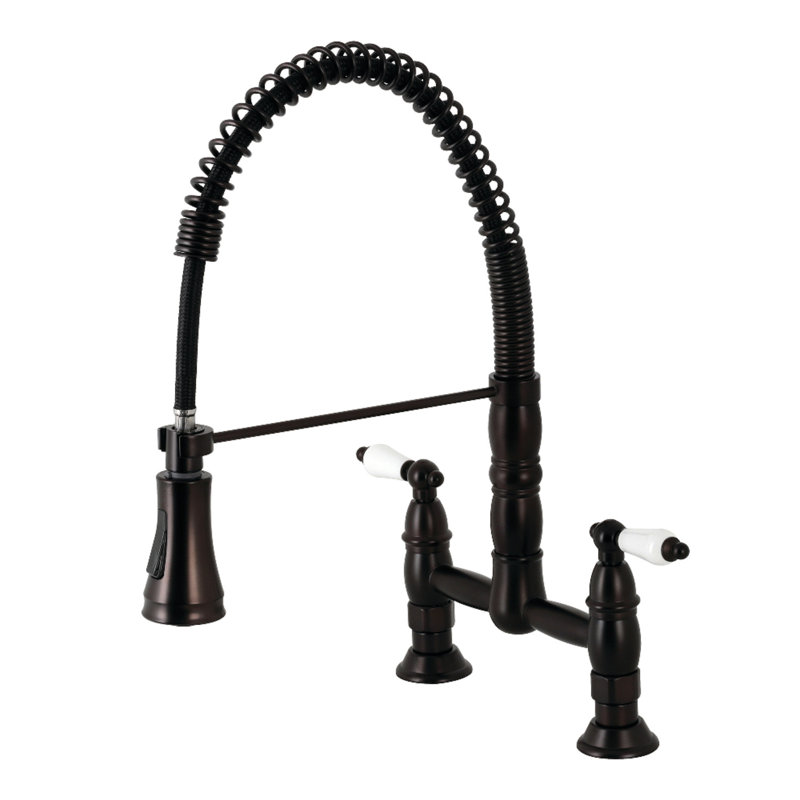 Kingston Brass Heritage Double-Handle 2-Hole Deck-Mount Pre-Rinse Bridge Kitchen Faucet, Oil Rubbed Bronze