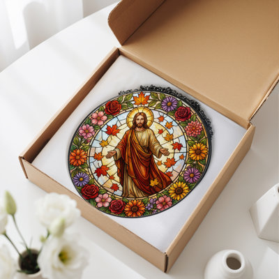 Religious Floral Stained Glass Window Panel，7.8H