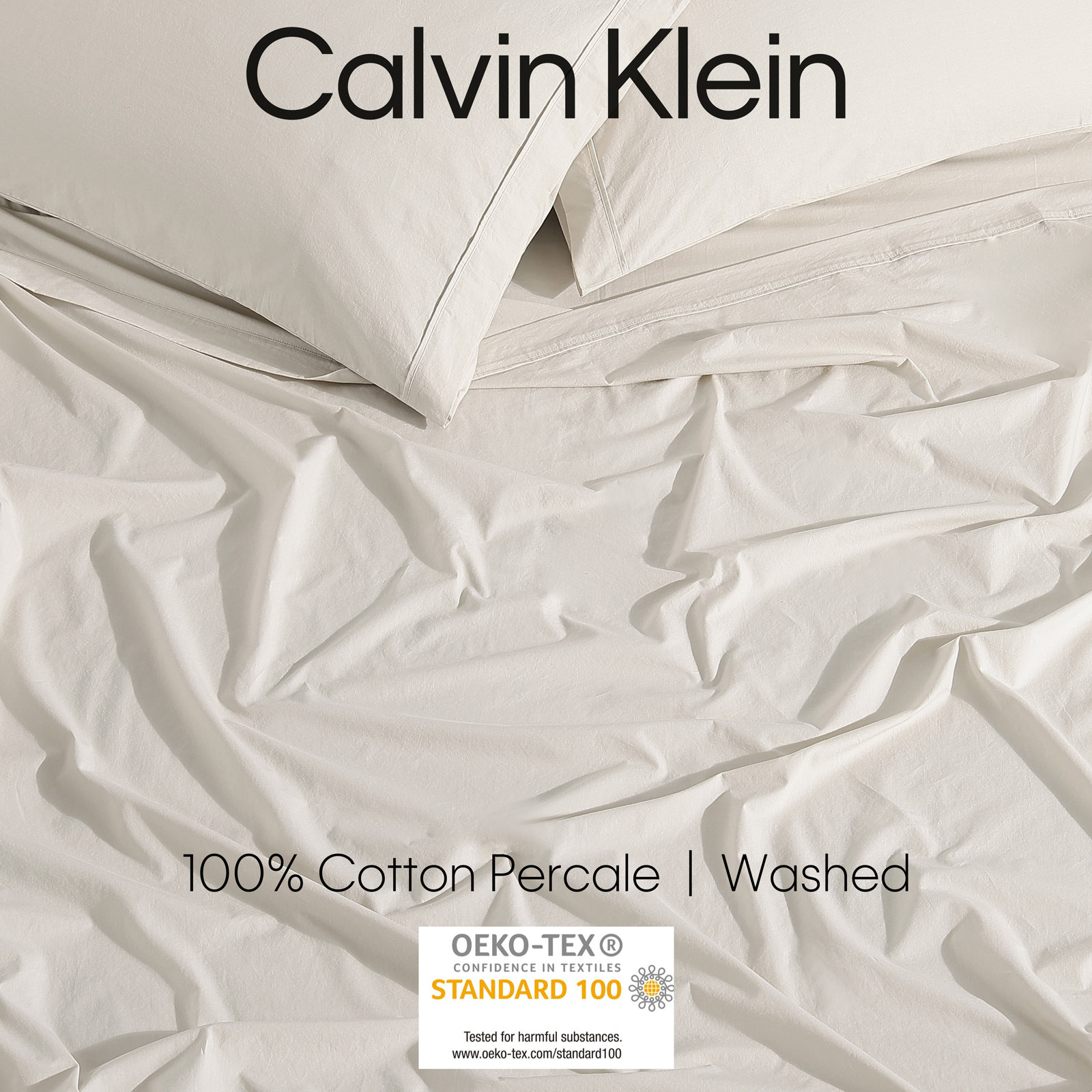 Calvin Klein Washed Cotton Percale Sheet Set, King Sheet Set with 2 Pillowcases, Light Beige