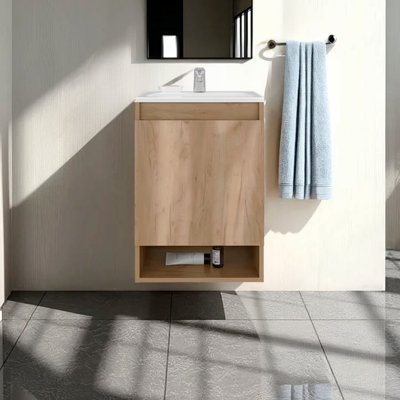 Meuble-lavabo mural flottant avec armoire à une porte et lavabo en résine compact