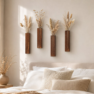 Wooden Wall Vases Set of 4, Walnut Finish Hanging Planters