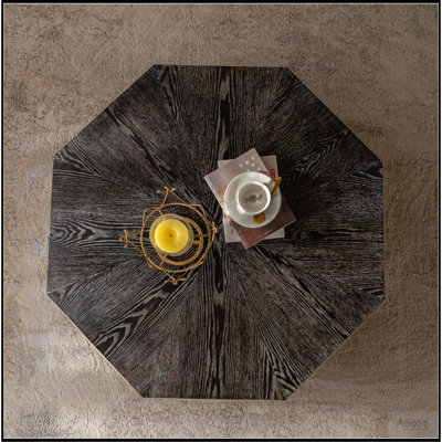 Table basse octogonale, table centrale en bois de style rétro de 96,5 cm (38 po) avec motif en relief tridimensionnel, table basse ronde rustique pour salon ou maison