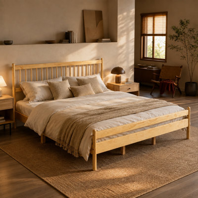 Lit traditionnel King Size avec tête et pied de lit, cadre en pin naturel